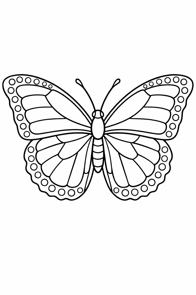 A blue morpho butterfly resting with broad smooth wings open and a bold border of dots framing each panel coloring page