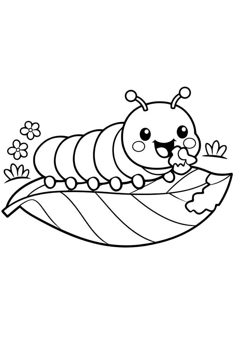 A plump segmented caterpillar with little legs and antennae inching along a leaf and munching a bite coloring page