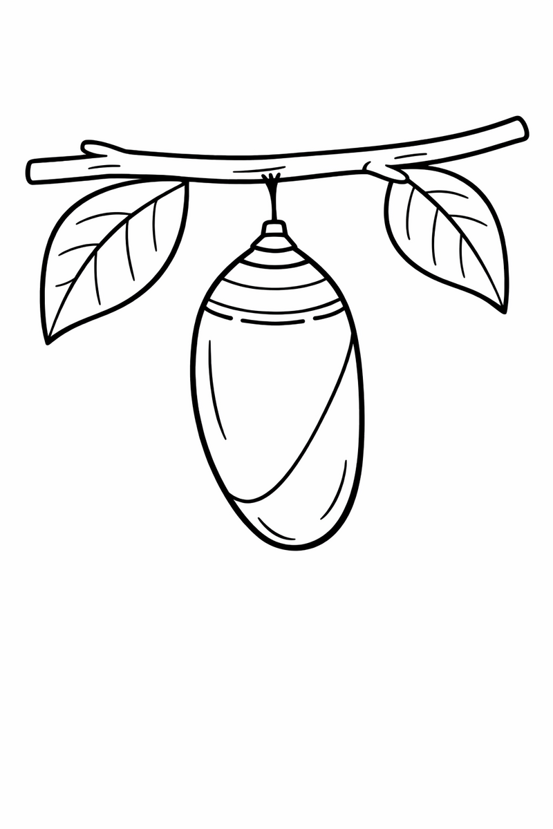 A smooth teardrop chrysalis hanging from a slender twig by a fine thread with a leaf or two framing it coloring page