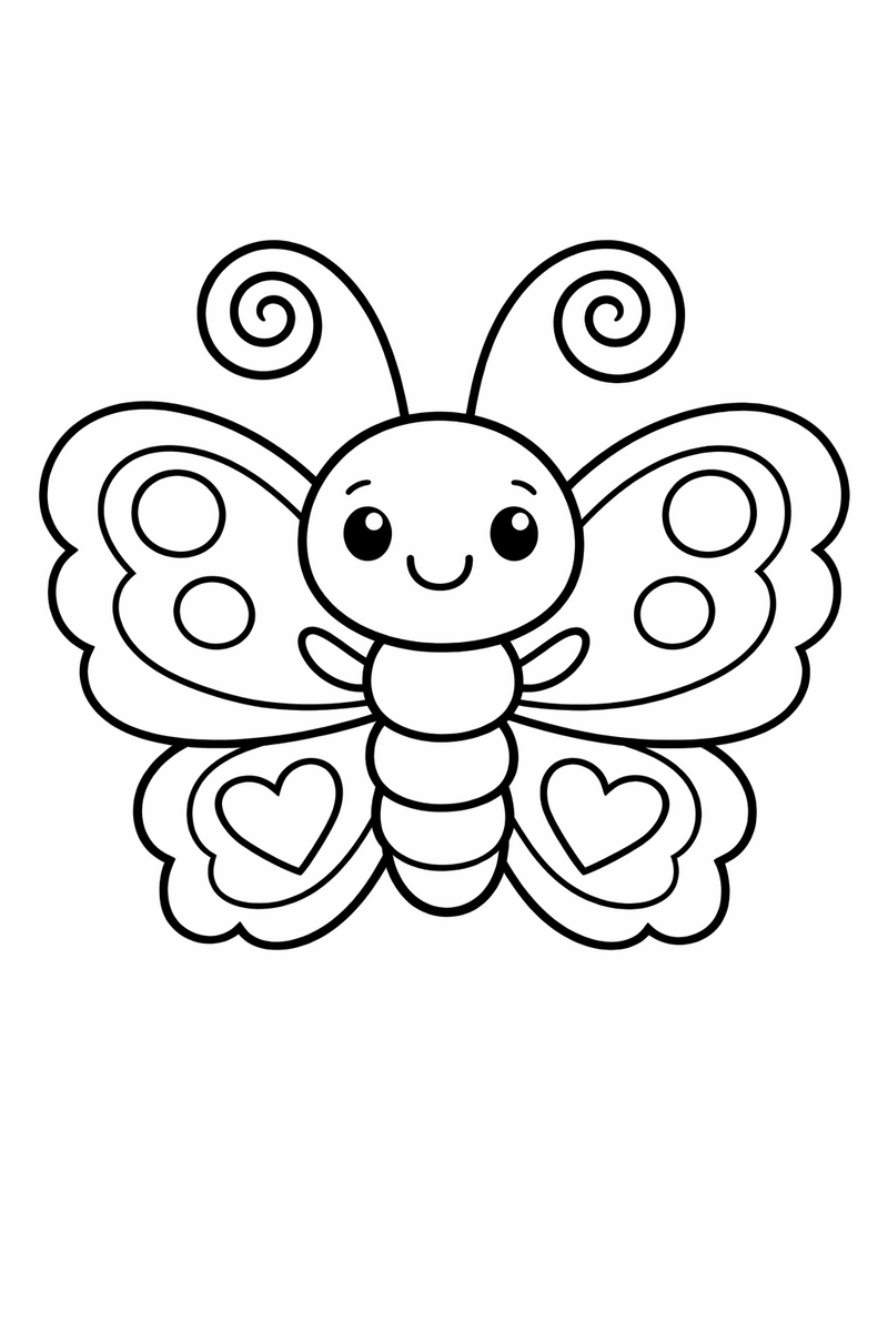 A whimsical butterfly with two long spiraling antennae curling above its head over scalloped wings coloring page