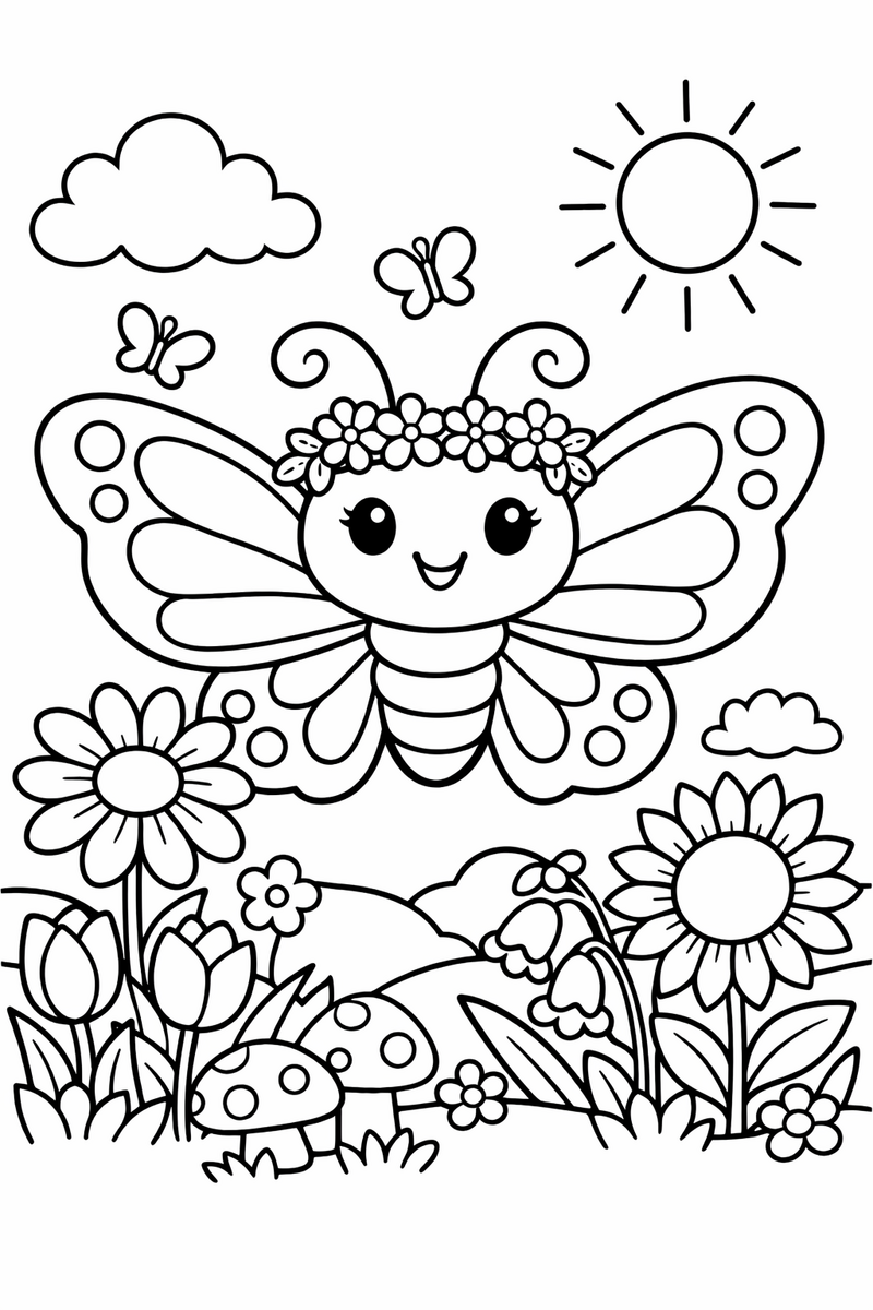 Dibujo de una mariposa con una coronita de flores sobre un jardín para colorear