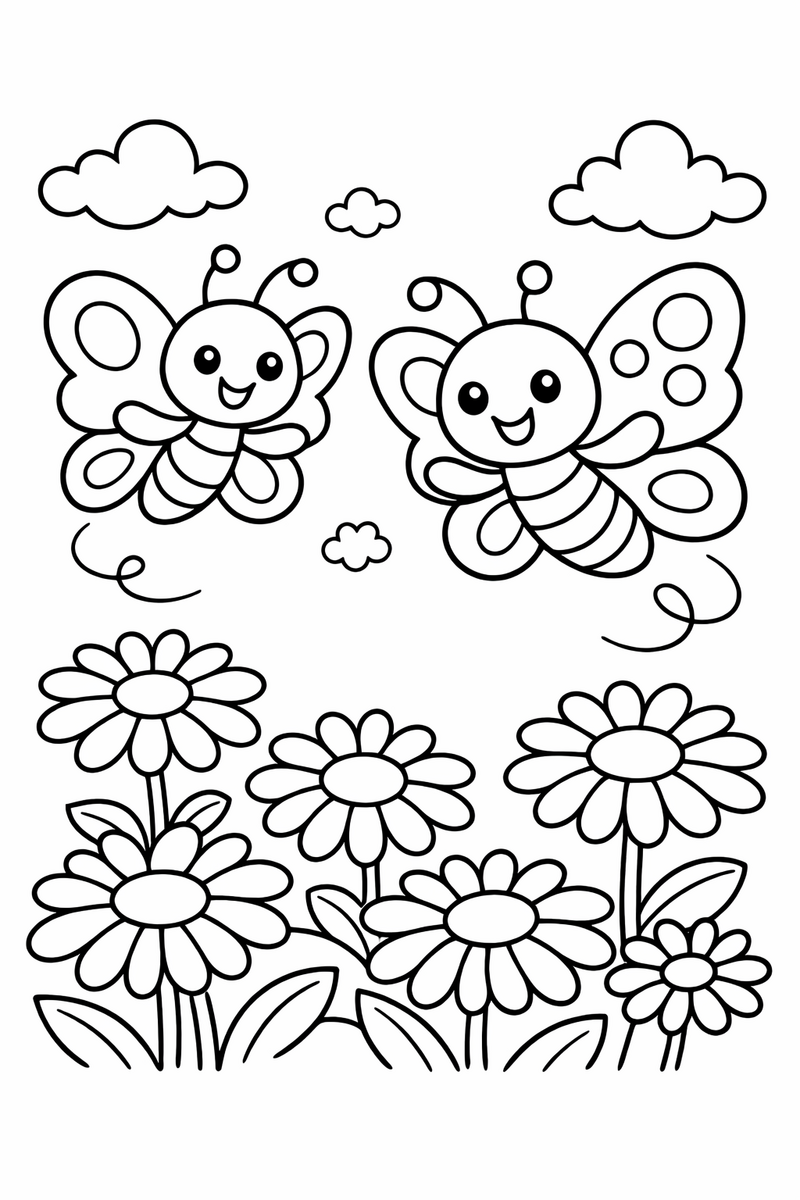 Dibujo de dos mariposas amigas volando juntas sobre margaritas para colorear
