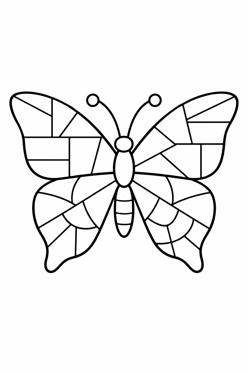 A butterfly divided into bold geometric panes like a stained-glass window with clean cells for coloring coloring page