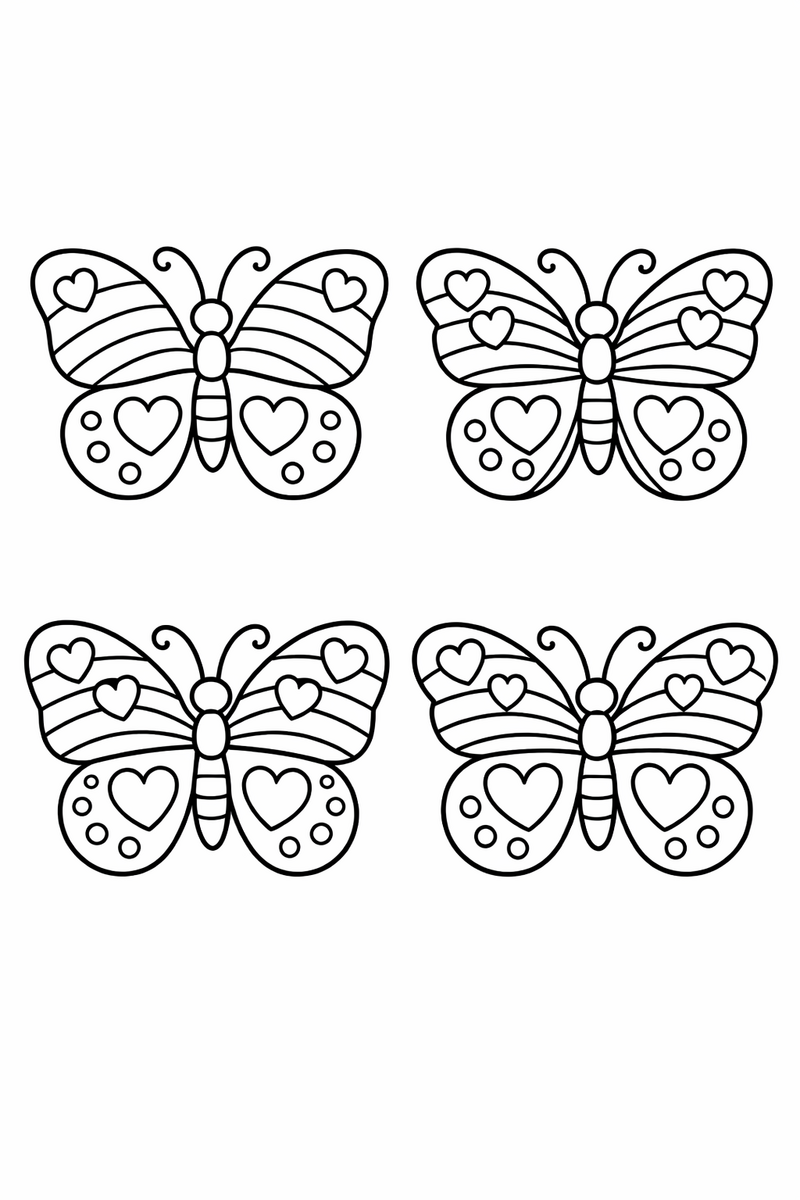 Four different butterflies in a neat two-by-two grid each with a wing pattern of stripes, dots and hearts coloring page