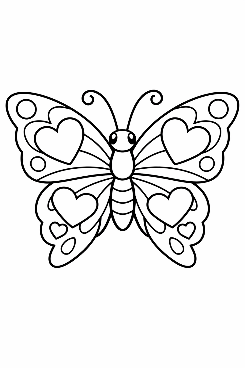 Dibujo de una mariposa con corazones escondidos en el patrón de las alas para colorear