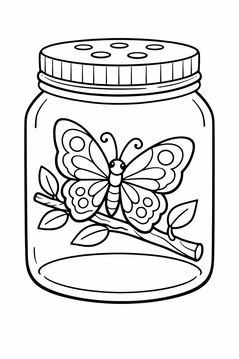 A single butterfly resting inside an open glass jar with air holes in the lid and a leafy twig to perch on coloring page