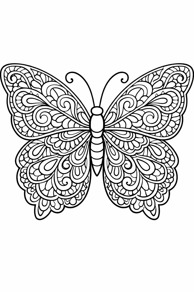 One large butterfly filling its wings edge to edge with intricate zentangle swirls, teardrops and lacework coloring page