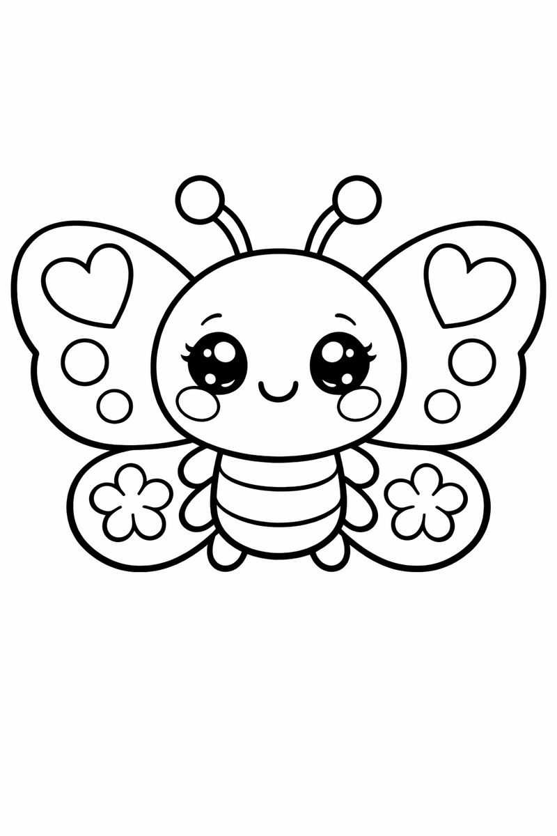 A cute kawaii butterfly with a round smiling body, rosy cheeks and big sparkly eyes on chubby wings coloring page