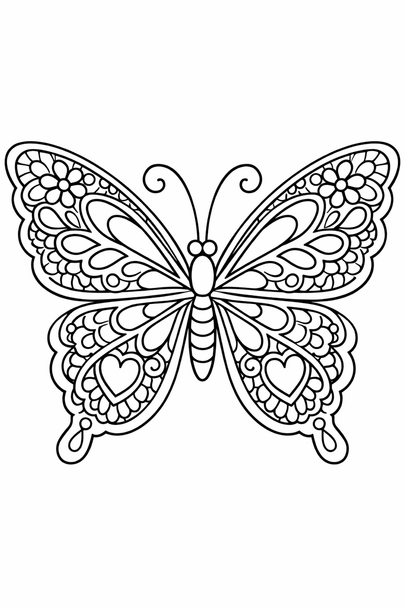 A graceful butterfly with delicate wings pierced with lacy cutout patterns like fine embroidery coloring page