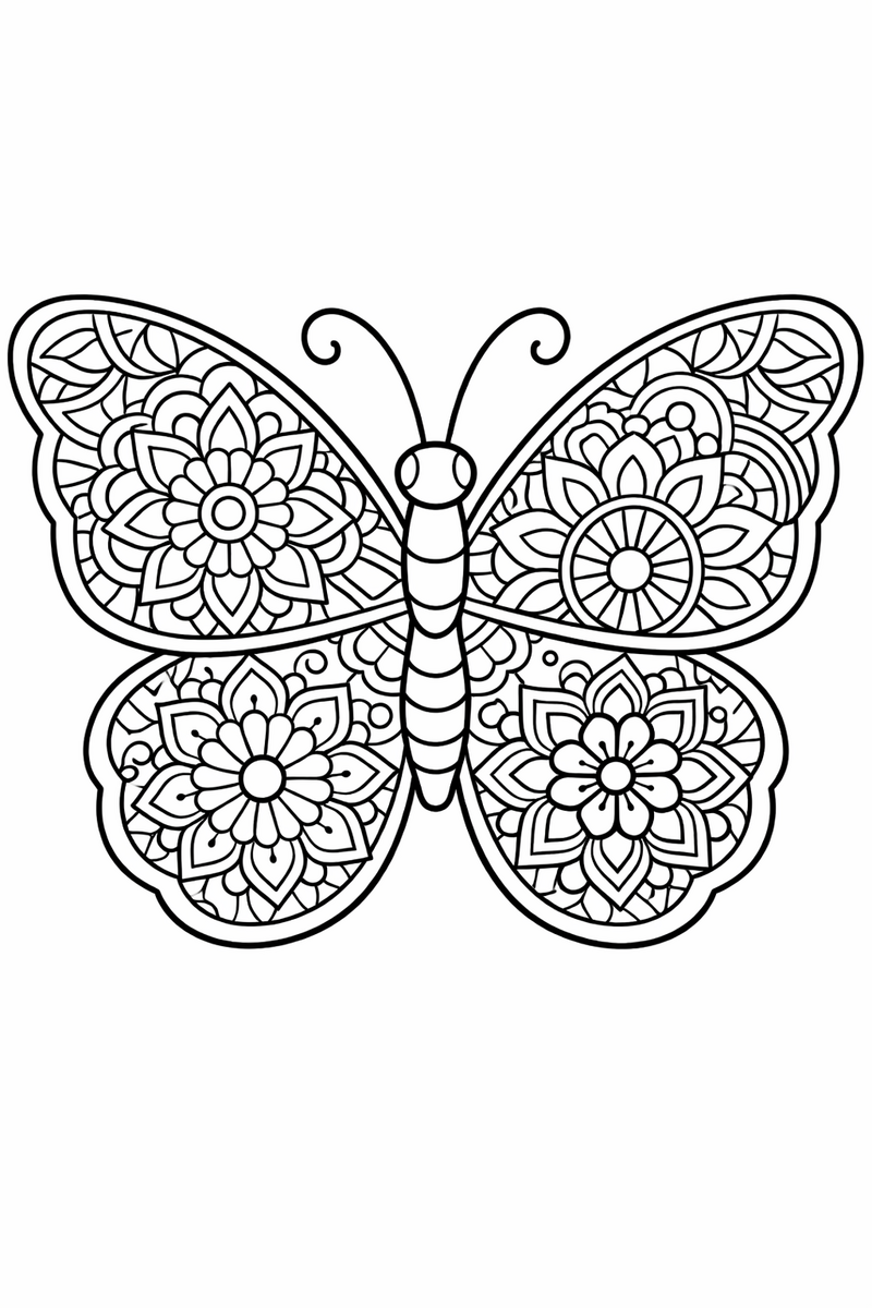 Dibujo de una mariposa con patrones de mandala detallados en las alas para colorear