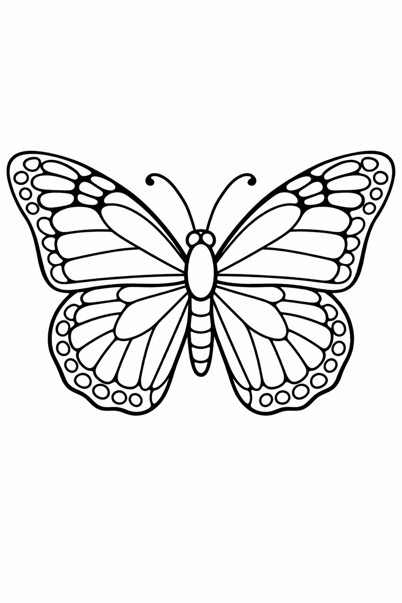 Dibujo de una mariposa estilo monarca con el clásico patrón de paneles para colorear