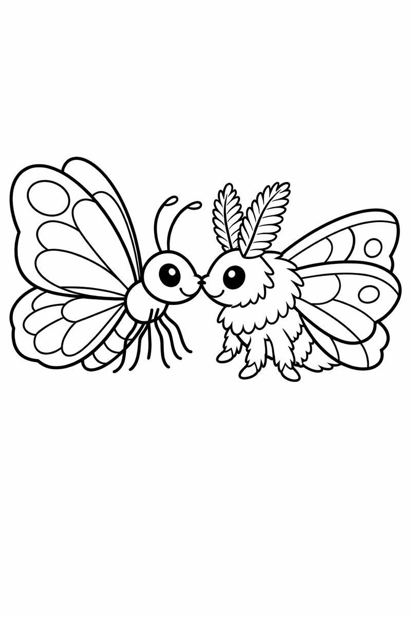A butterfly and a fuzzy-bodied moth meeting nose to nose, one with slim antennae and one with feathery ones coloring page