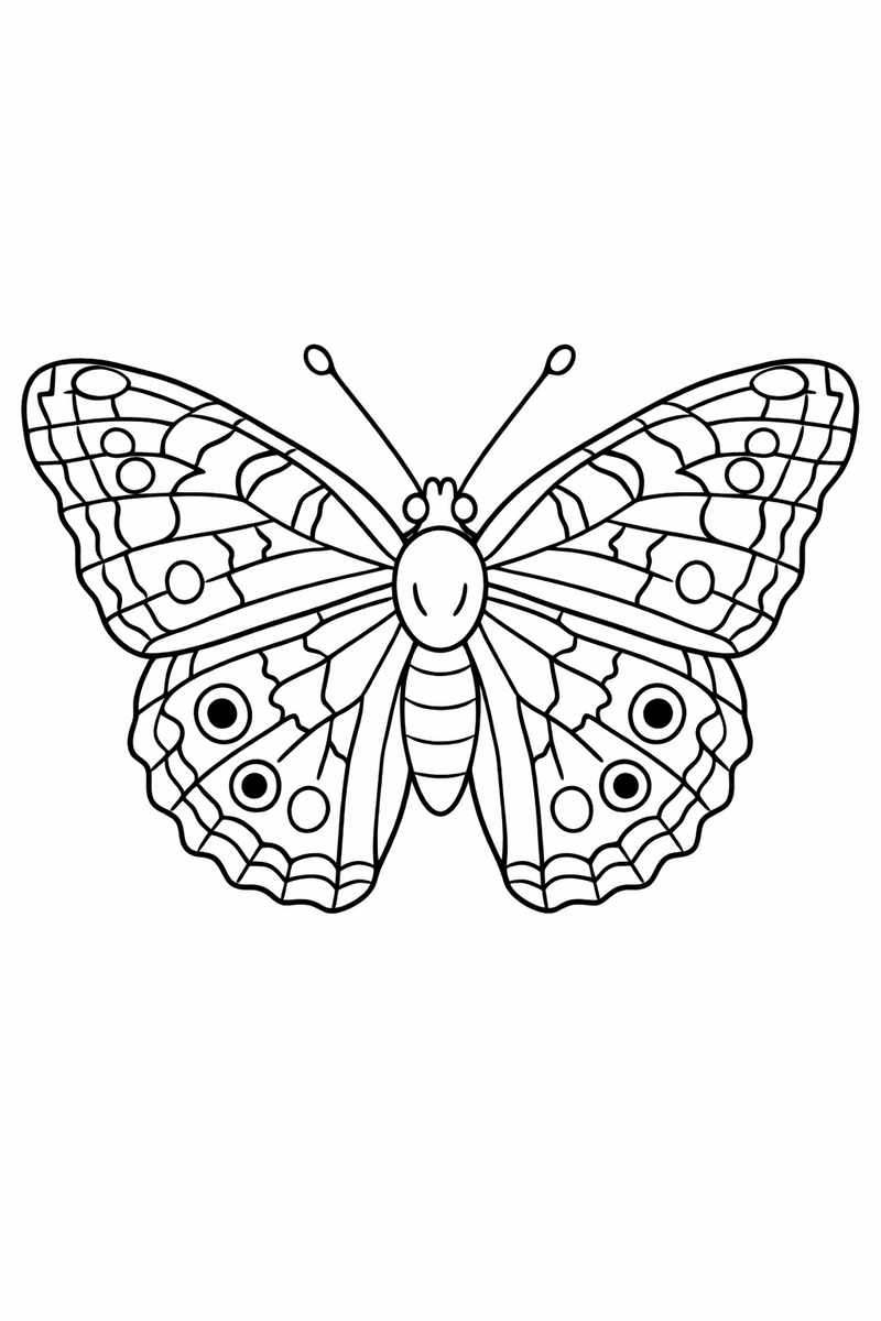 A painted lady butterfly holding its rounded wings open with mottled markings and little eye-spots coloring page