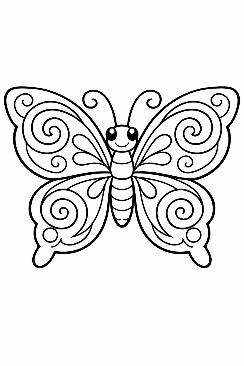 Dibujo de una mariposa con rizos y espirales decorando las alas para colorear