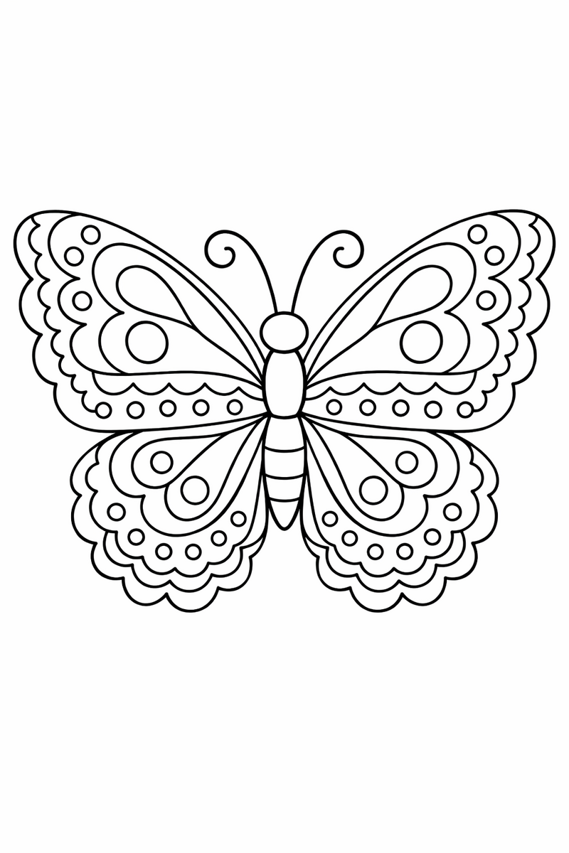 A pretty butterfly fanning out wings edged with rows of scalloped curves patterned with dots and waves coloring page