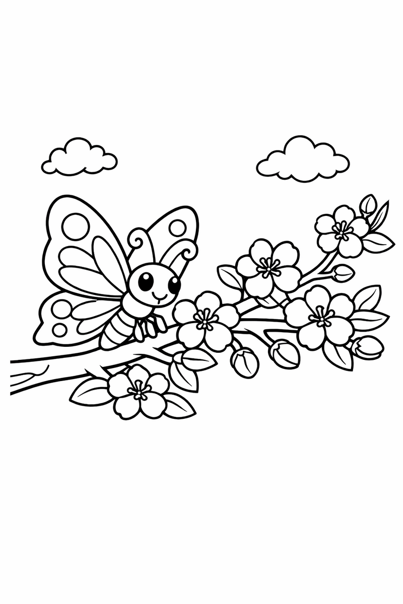 Dibujo de una mariposa posada en una rama de primavera en flor para colorear