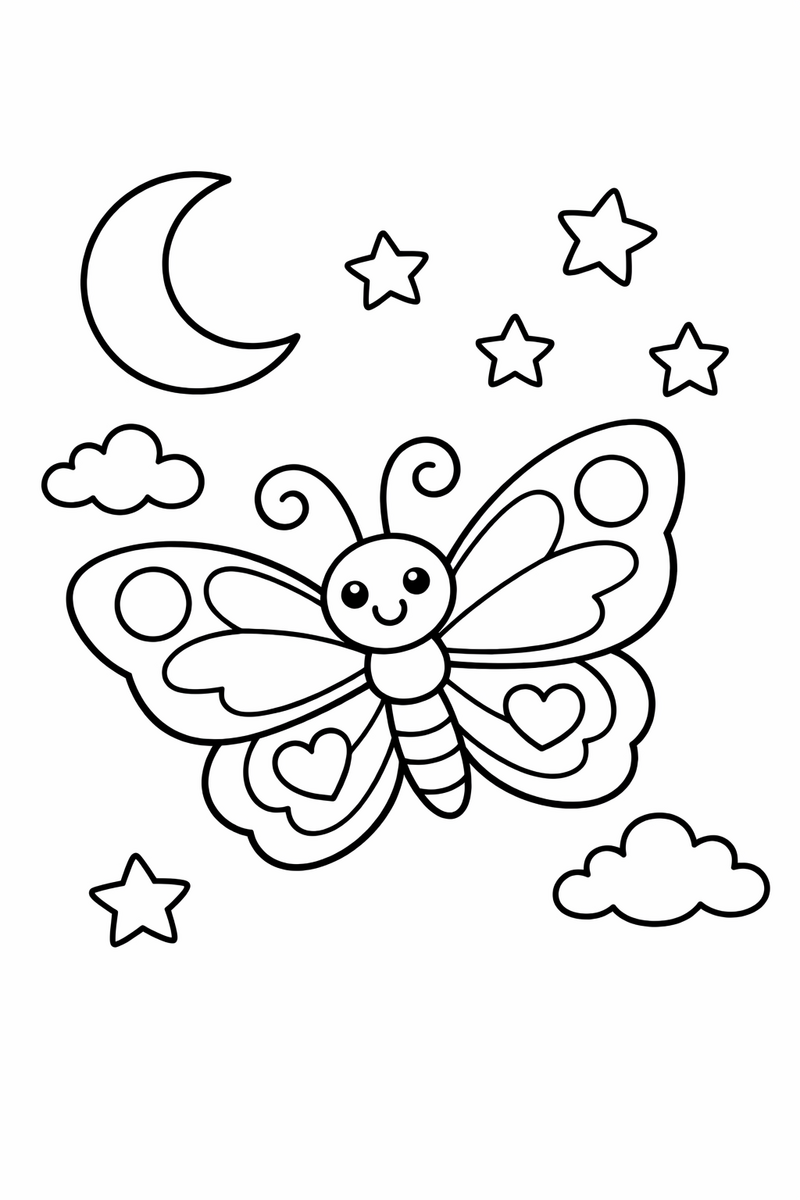 Dibujo de una mariposa volando bajo una luna creciente y estrellas para colorear