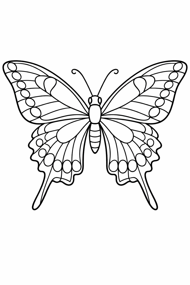 A swallowtail butterfly with wide wings tapering into two long pointed tails patterned with spots coloring page