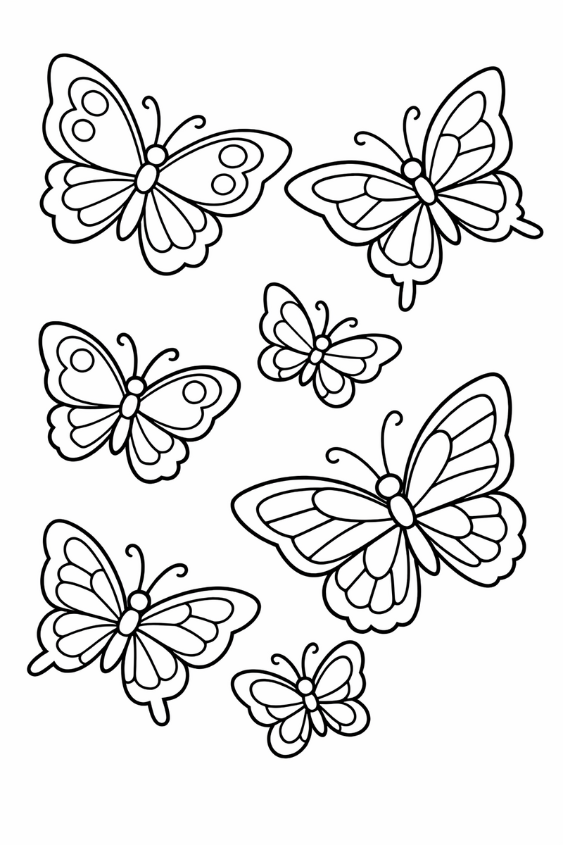 Half a dozen butterflies of different sizes fluttering across the page at every angle with tilted wings coloring page