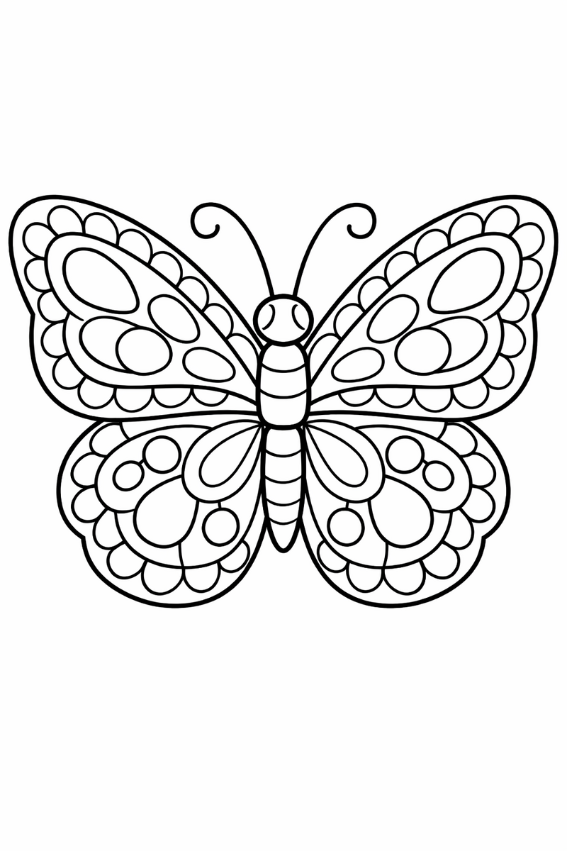 A butterfly with perfectly matching left and right wings filled with identical loops and cells coloring page