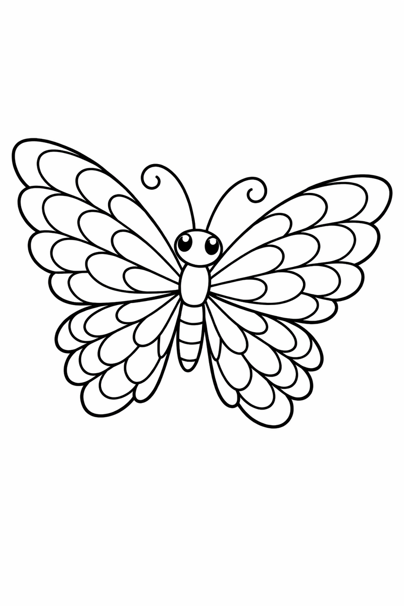 A gentle butterfly with wings shaped from stacked teardrop cells that grow smaller toward the tips coloring page