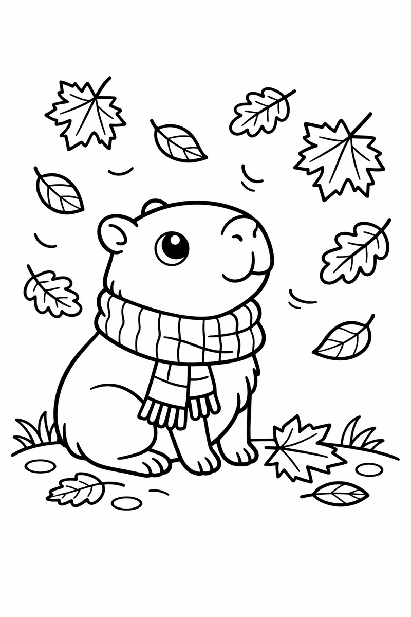 Dibujo de un capibara con bufanda mirando caer las hojas de otoño para colorear
