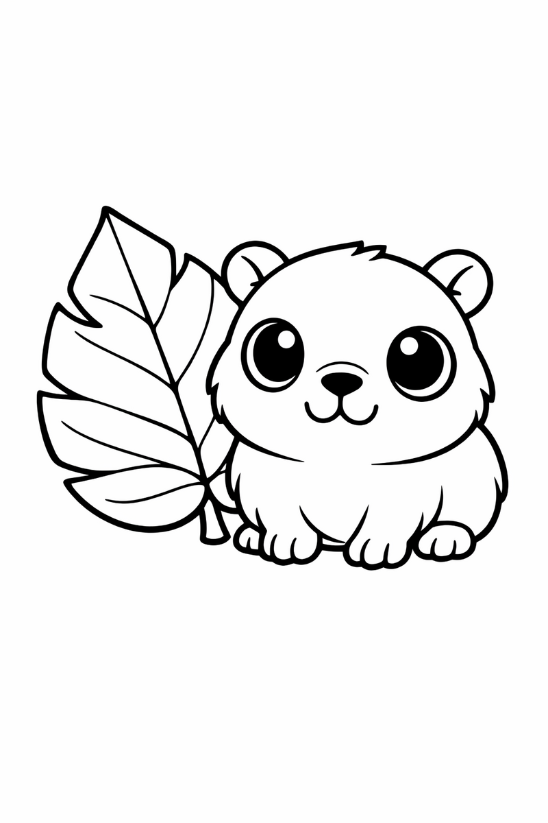 A tiny round baby capybara with oversized eyes and stubby legs sitting close to a big leaf coloring page