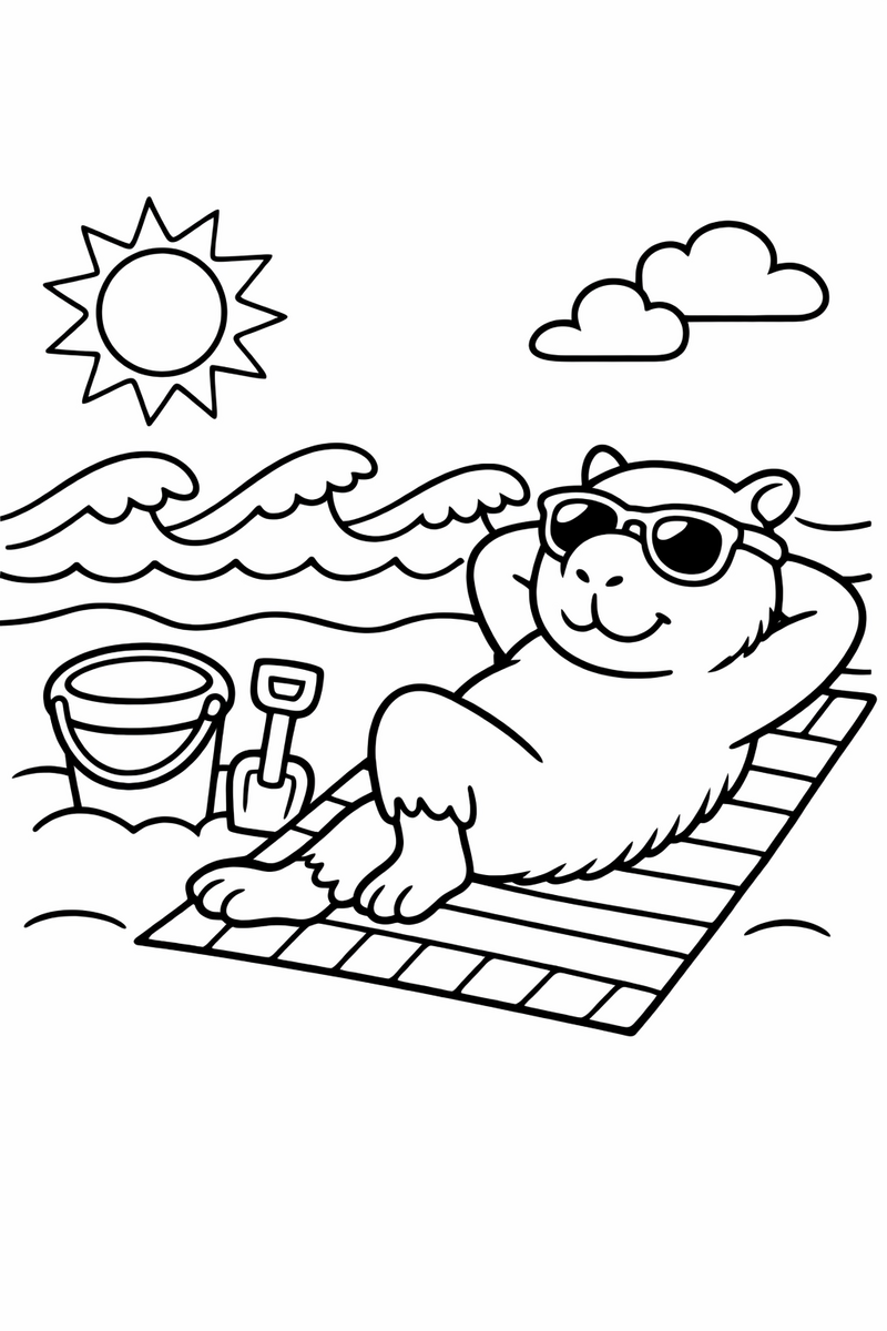 A laid-back capybara lounging on a beach towel in the sand beside a bucket and spade with waves behind coloring page