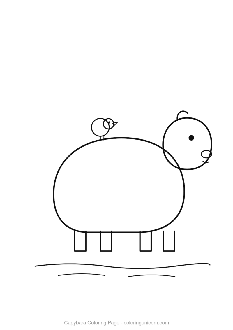 Chill capybara with a bird friend on its back coloring page