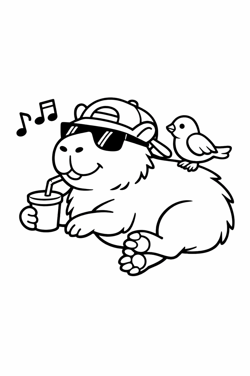 Dibujo de capibara relajada con un pájaro amigo en el lomo para colorear