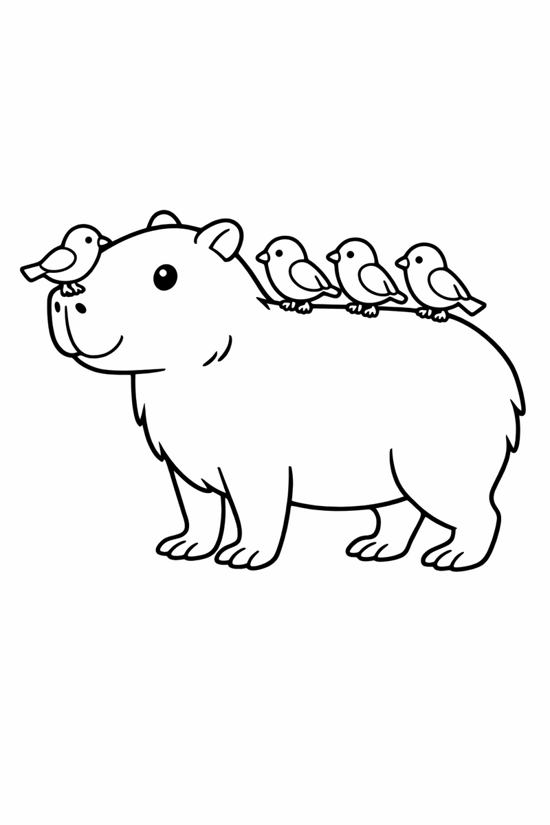 A relaxed capybara standing still while three little birds perch in a row along its back and one on its nose coloring page