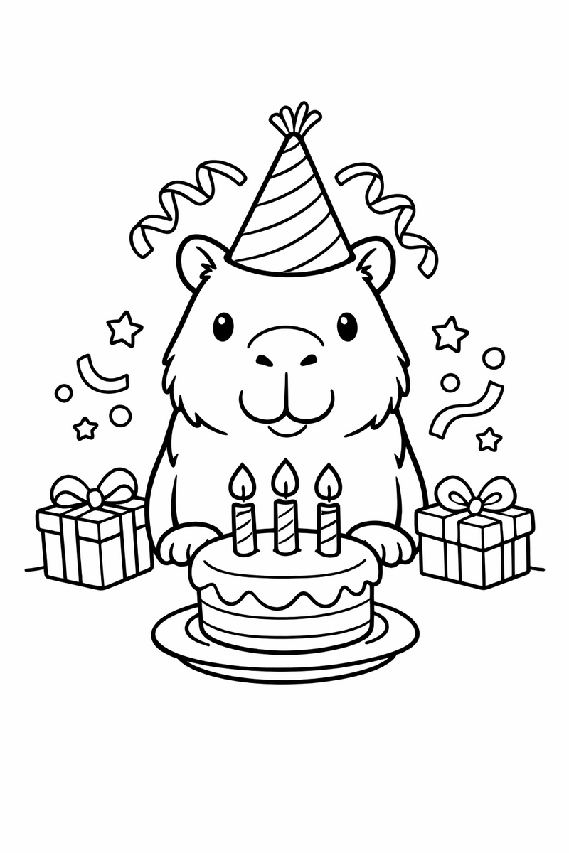 A festive capybara sitting behind a little cake with candles wearing a cone party hat with streamers coloring page