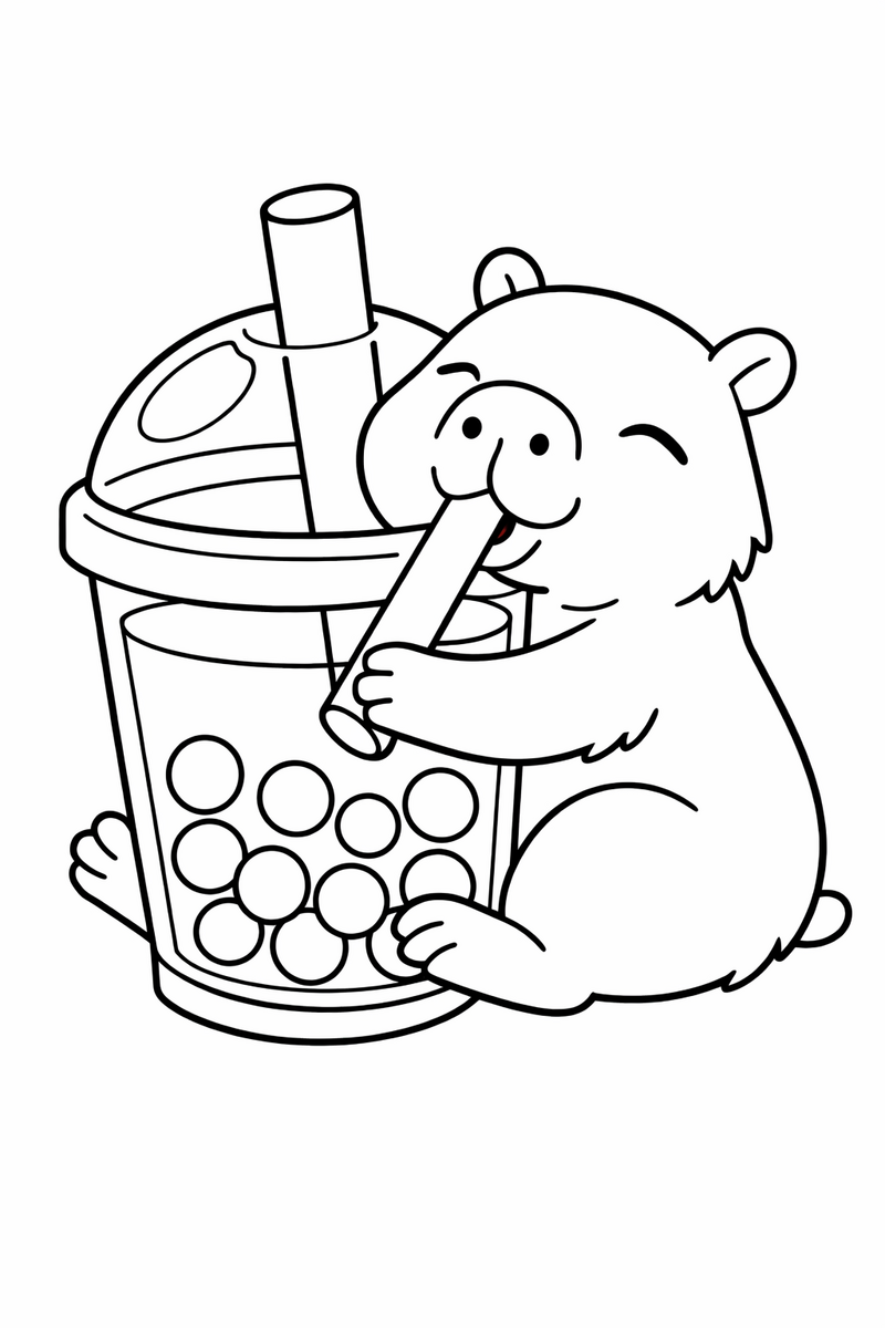A relaxed capybara hugging a giant boba tea cup and sipping the tapioca pearls through a fat straw coloring page