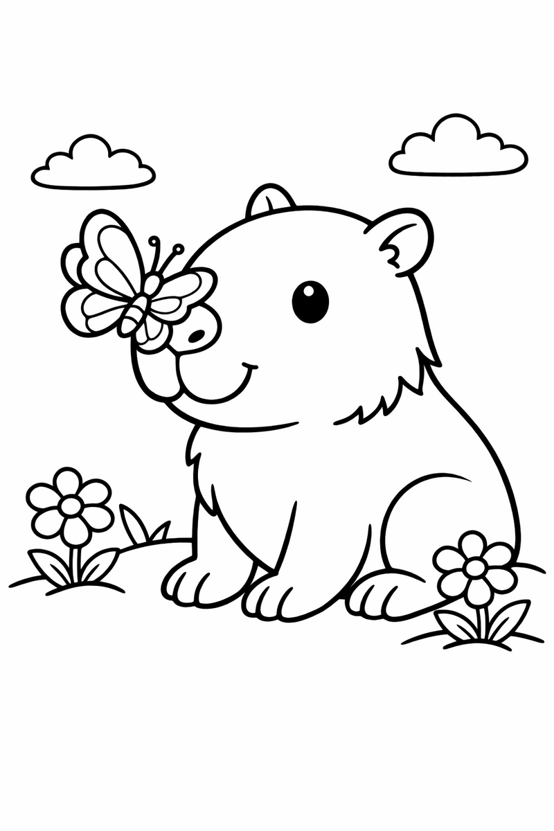 Dibujo de un capibara con una mariposa posada en la nariz para colorear