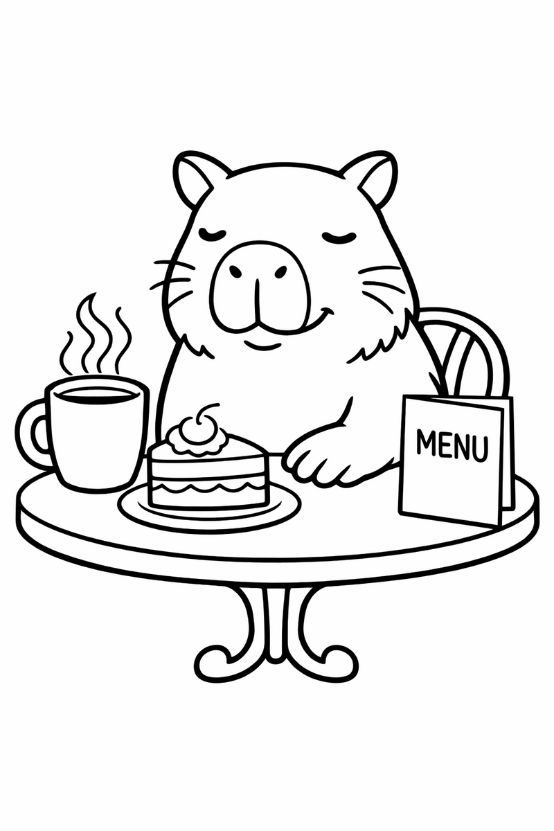 A content capybara at a little cafe table with a steaming mug and a slice of cake and a menu beside its paw coloring page