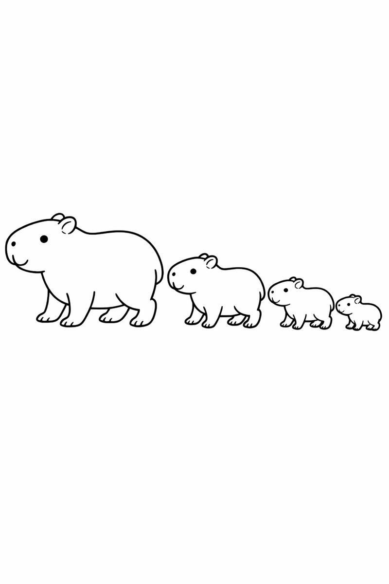 Dibujo de una familia de capibaras caminando en fila de mayor a menor para colorear