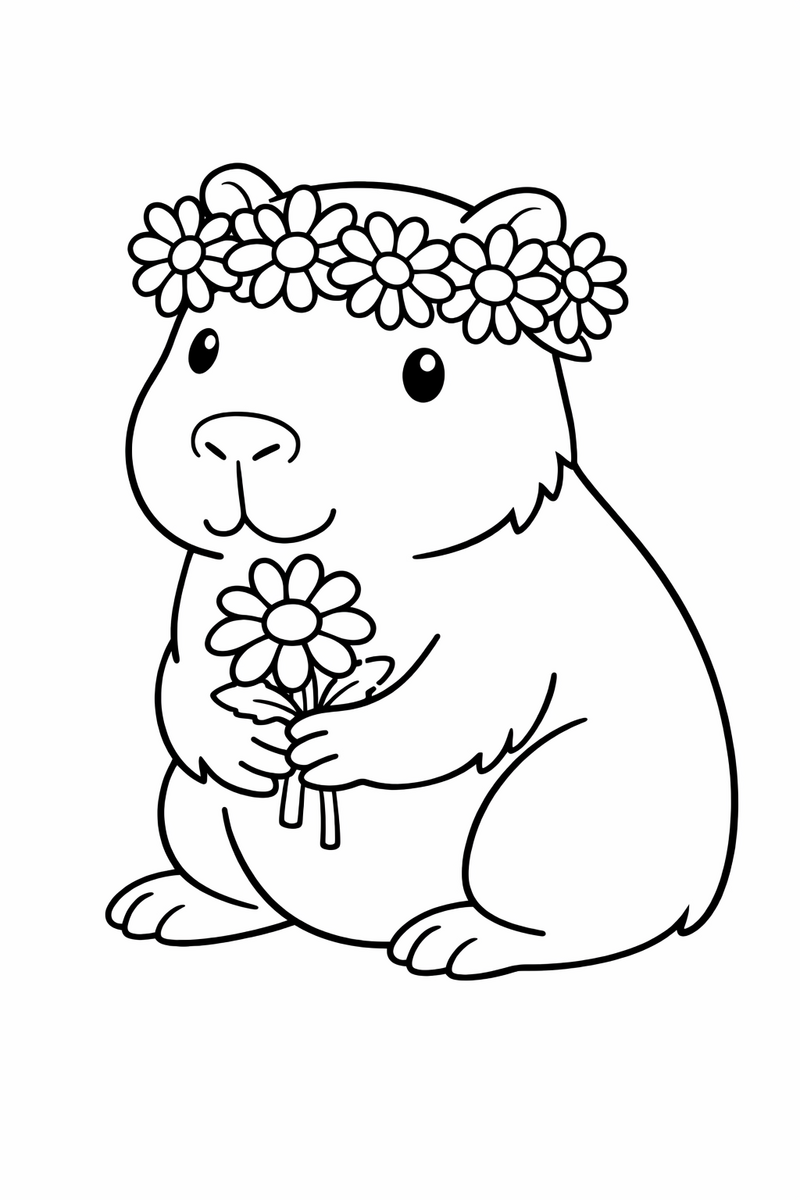 A gentle capybara wearing a woven crown of daisies and holding one more flower in its front paws coloring page