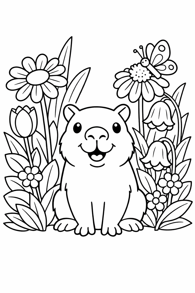 A happy capybara sitting among tall garden flowers and leafy plants with a butterfly landing on a bloom coloring page