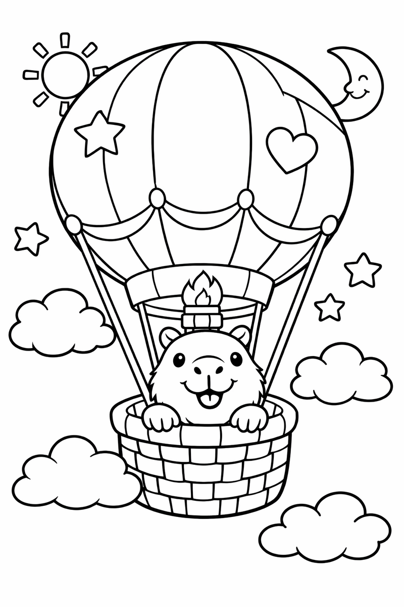 A happy capybara drifting across the sky in the basket of a hot-air balloon with paws on the rim coloring page