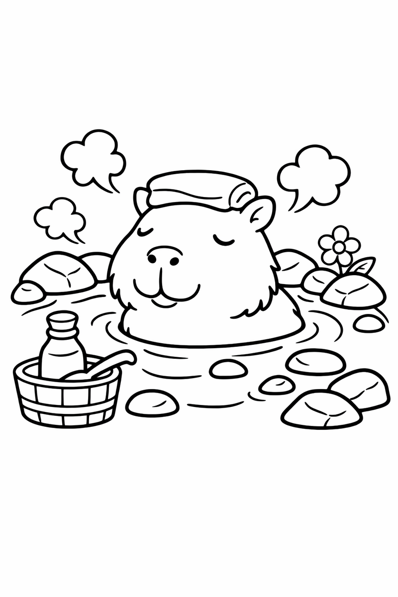Dibujo de un capibara relajándose en aguas termales con una toalla en la cabeza para colorear