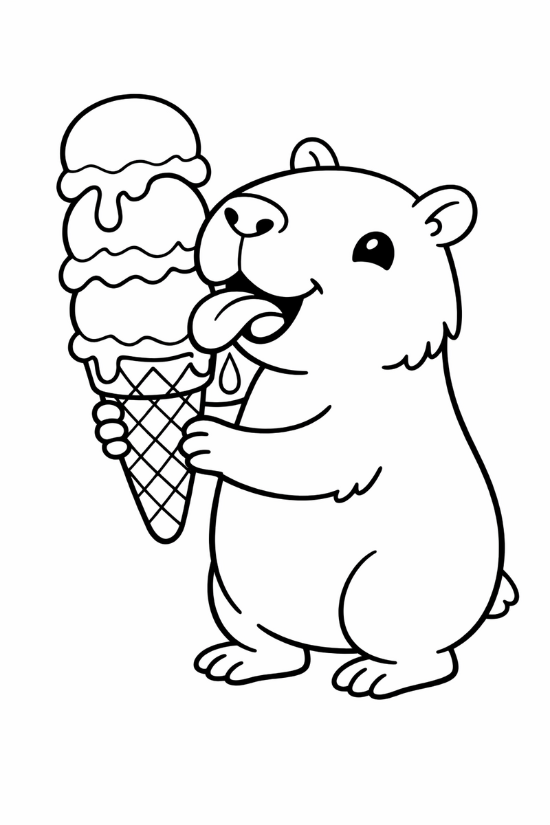 A cheerful capybara holding a tall ice cream cone with three scoops and its tongue out to catch a drip coloring page
