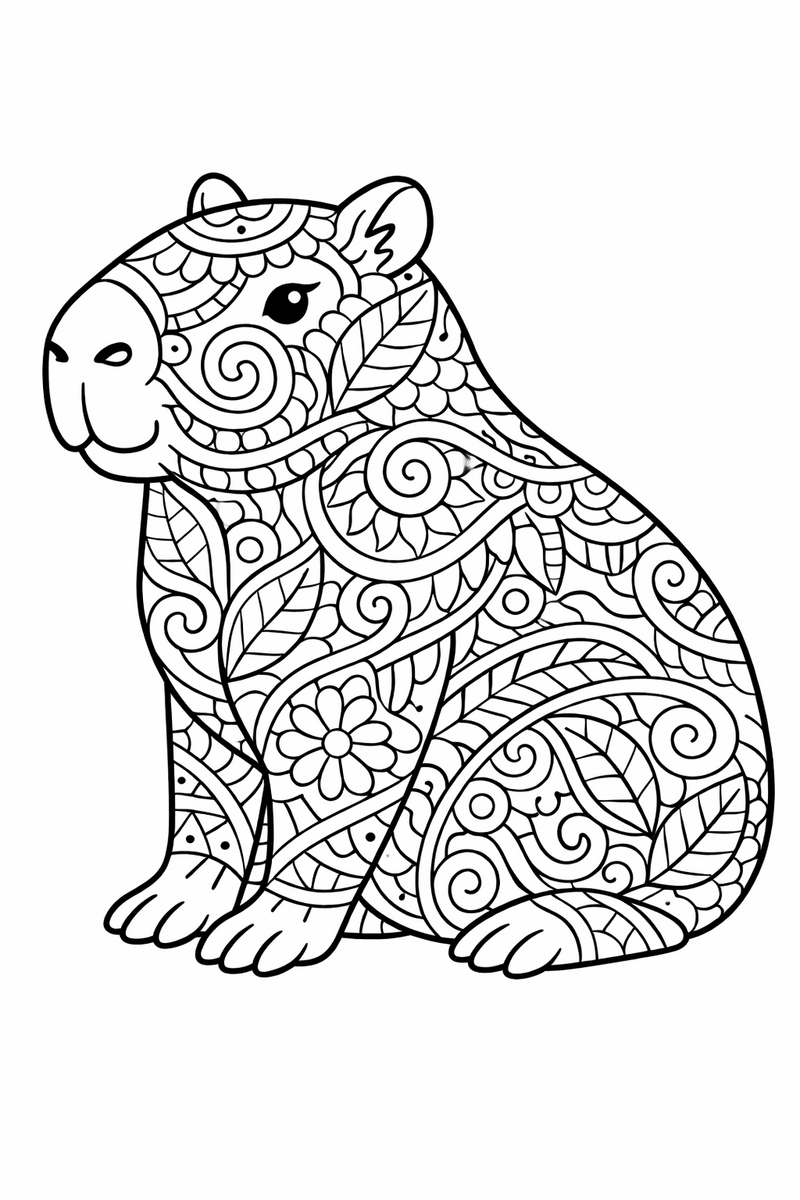 A sitting capybara filled with intricate zentangle patterns of swirls, dots and leaves across its body coloring page