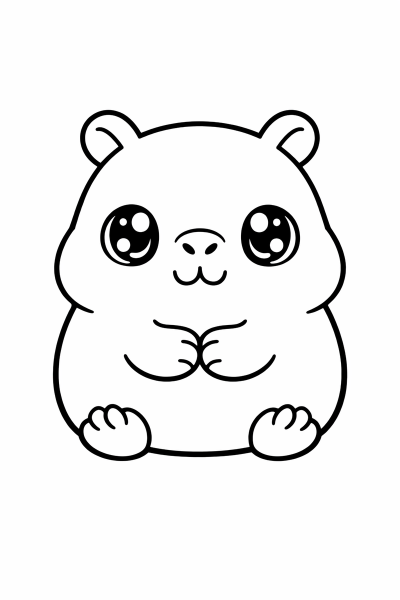 A super cute kawaii capybara with a round body, tiny ears and big sparkly eyes sitting with paws together coloring page