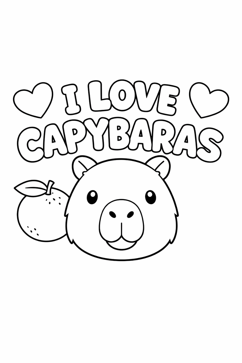 The words I LOVE CAPYBARAS in soft bubble letters framed by a round capybara face, an orange and two hearts coloring page