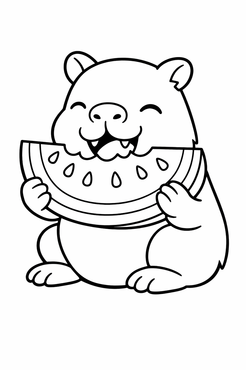 Dibujo de un capibara comiendo feliz una gran raja de sandía para colorear