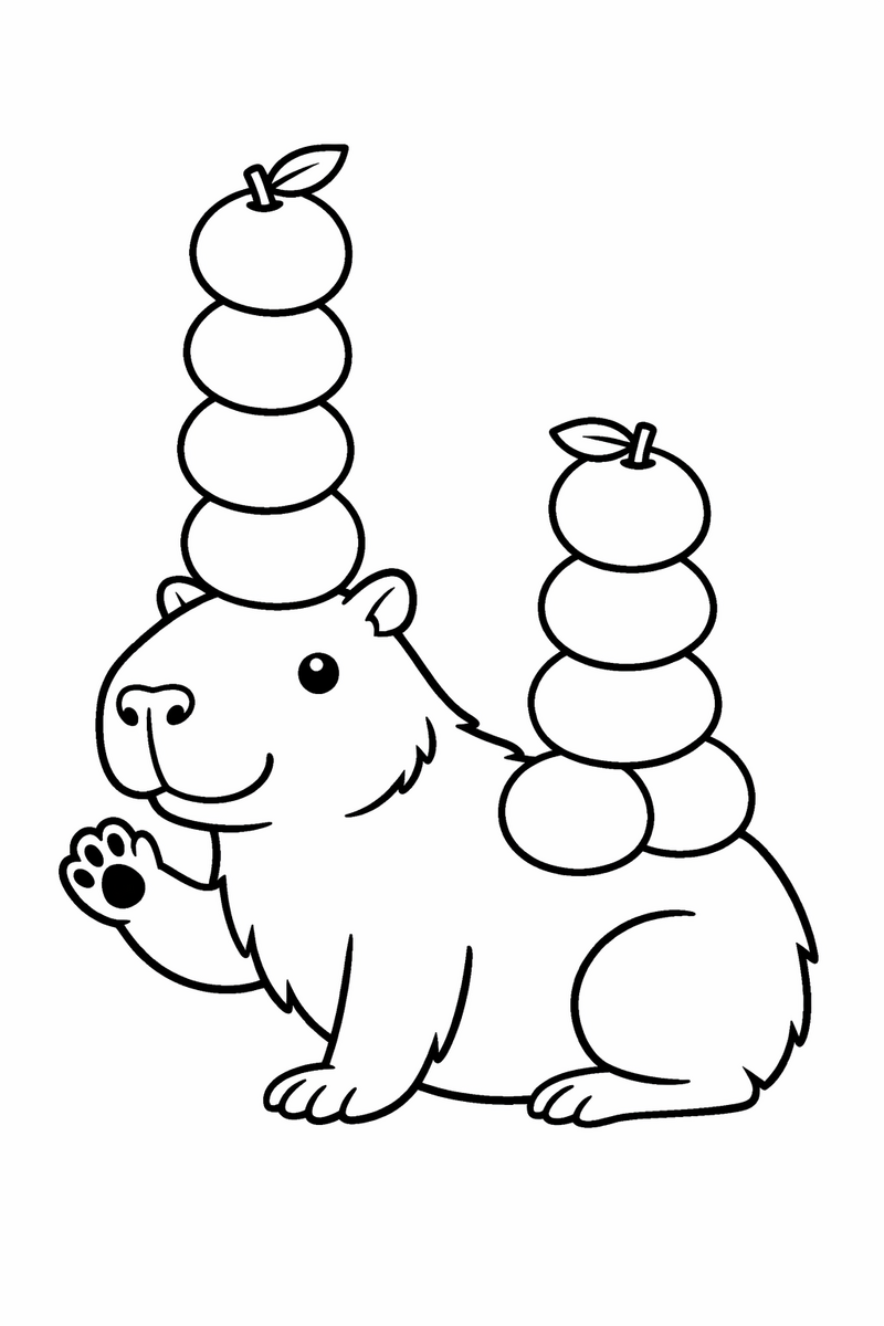 A patient capybara balancing a wobbly tower of round oranges on its head and back with a paw raised coloring page