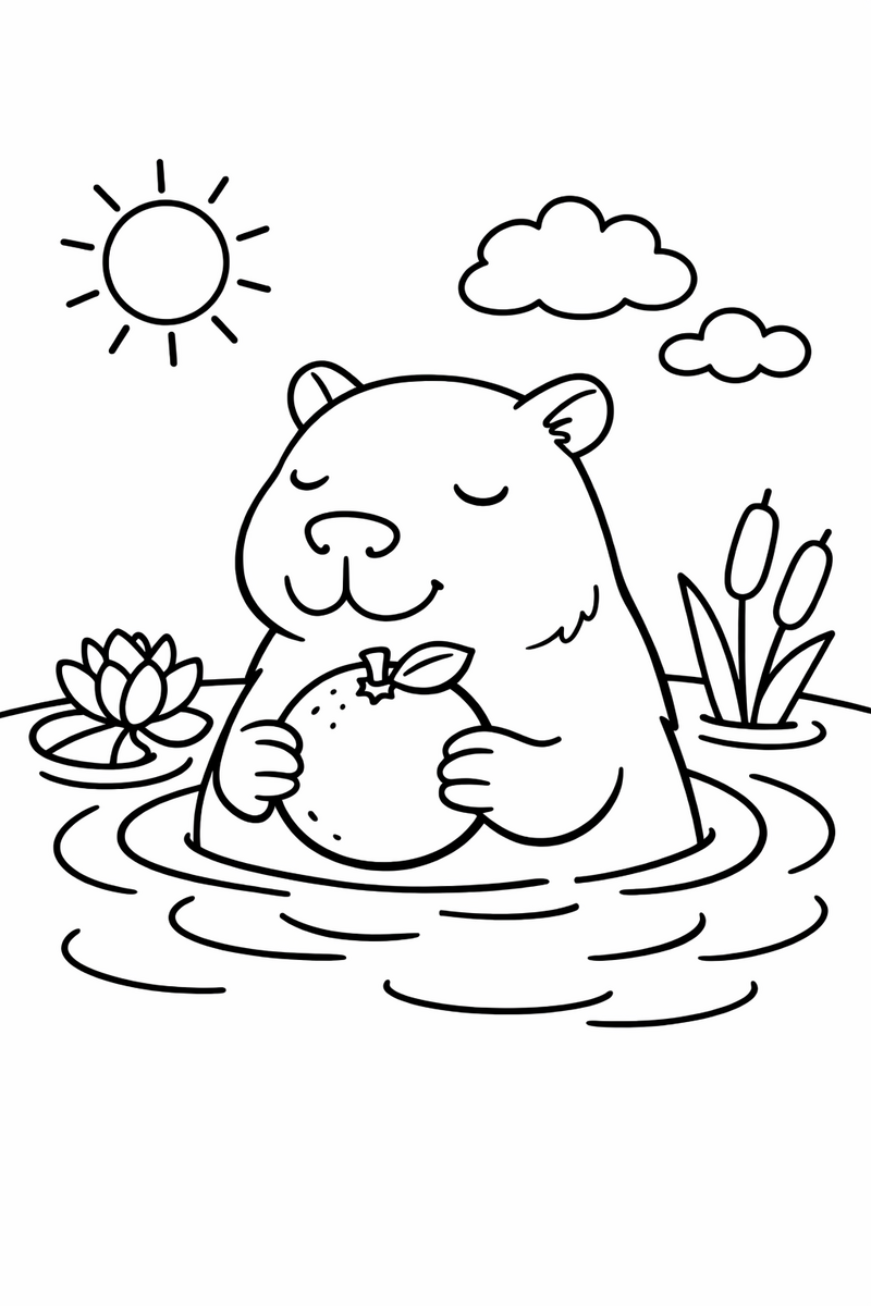 Dibujo de capibara relajándose en el agua con una naranja para colorear