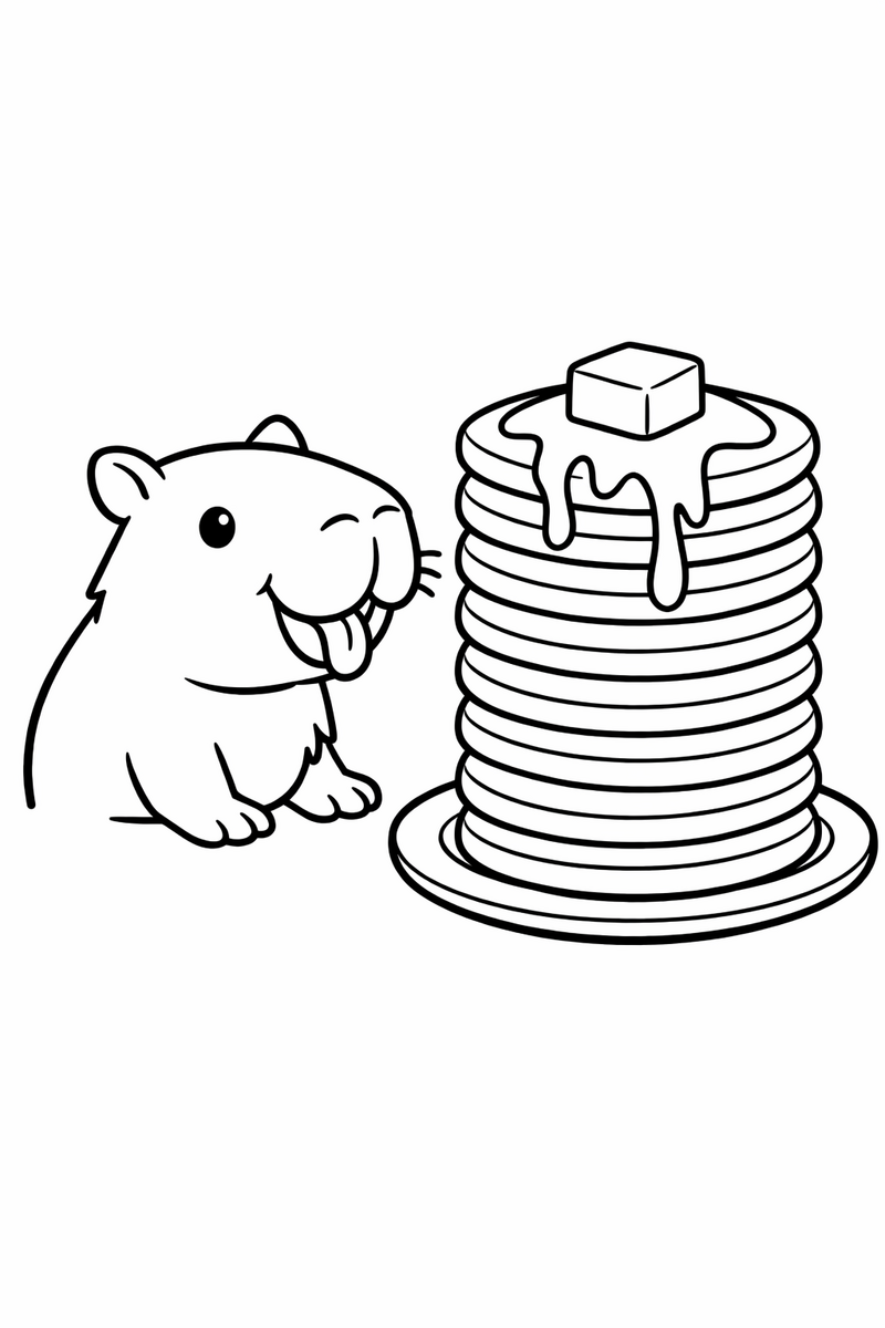A hungry capybara eyeing a tall stack of round pancakes topped with butter and a drizzle running down coloring page
