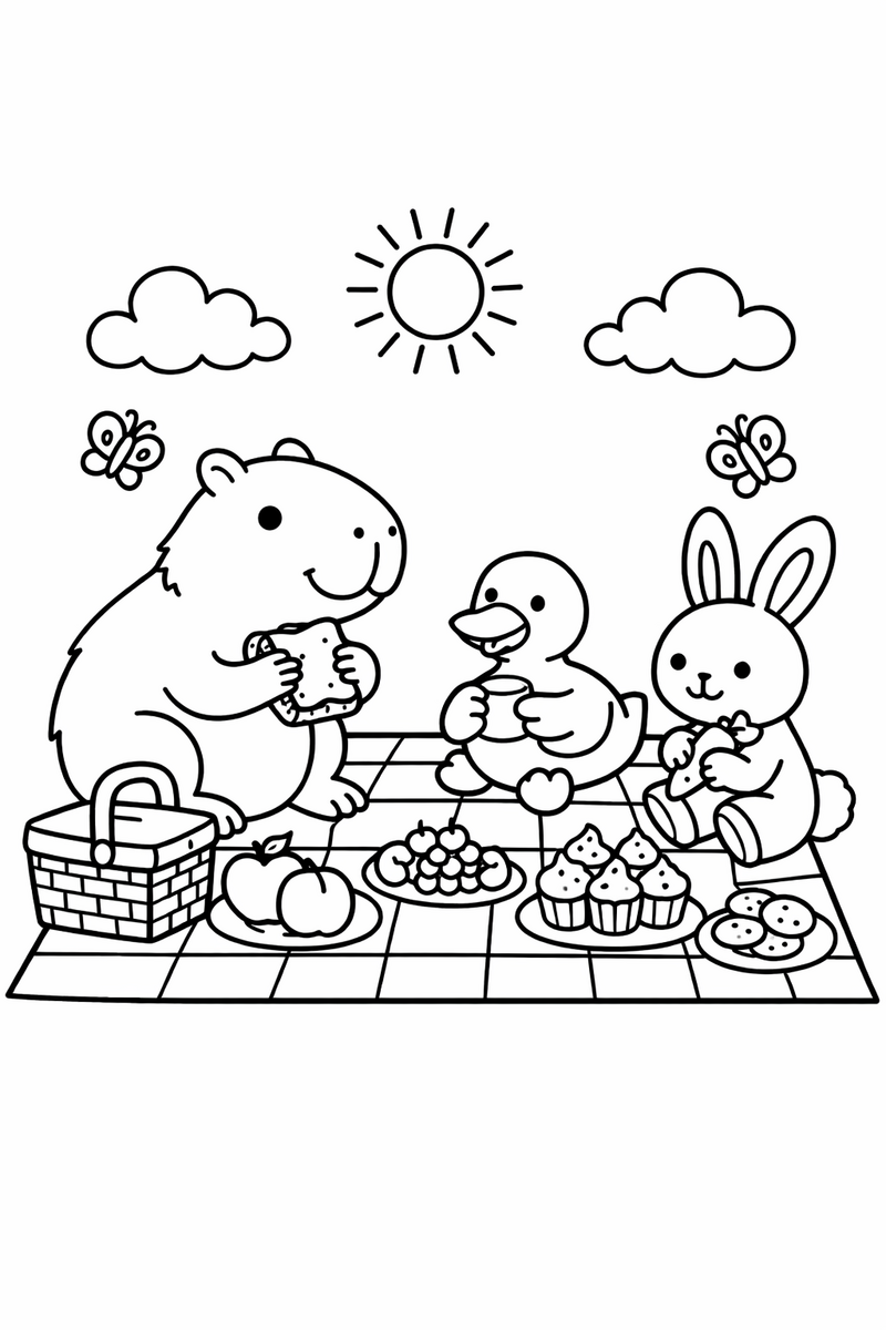 Dibujo de un capibara compartiendo pícnic con un pato y un conejo para colorear