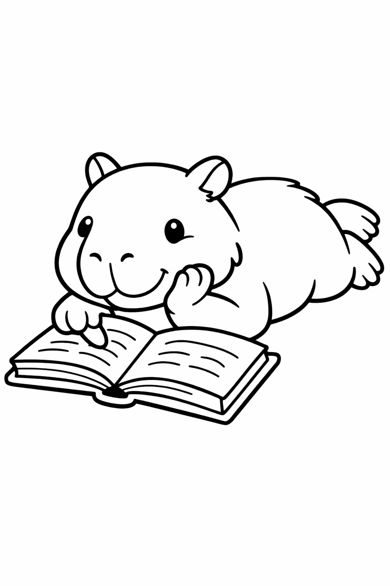 A cozy capybara lying on its belly turning the pages of an open book with its chin propped on a paw coloring page